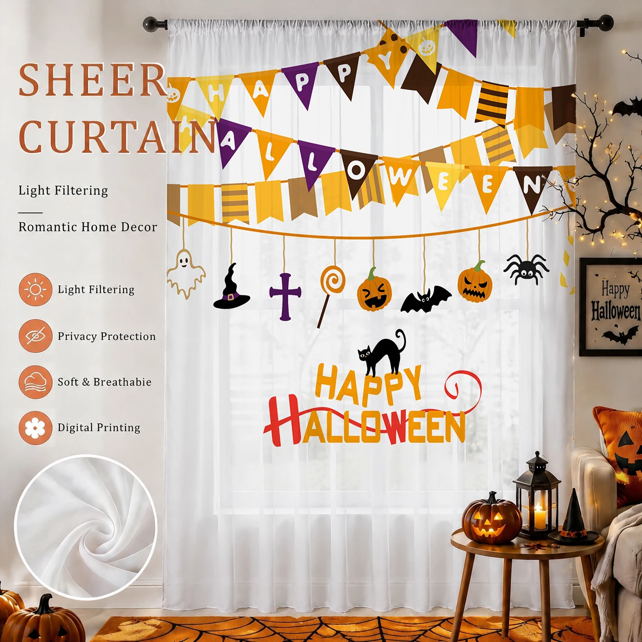 Home Office With Plants - Halloween Festival Sheer Curtain, Good Quality