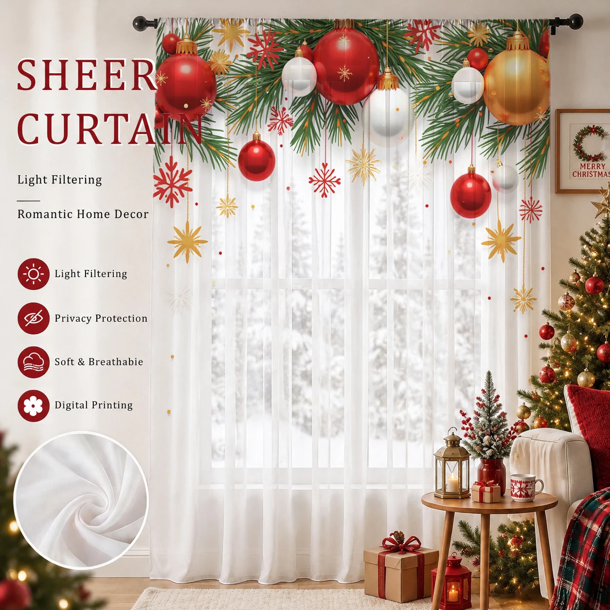 Home Office With Plants - Christmas Day Gradient Sheer Curtain, Good