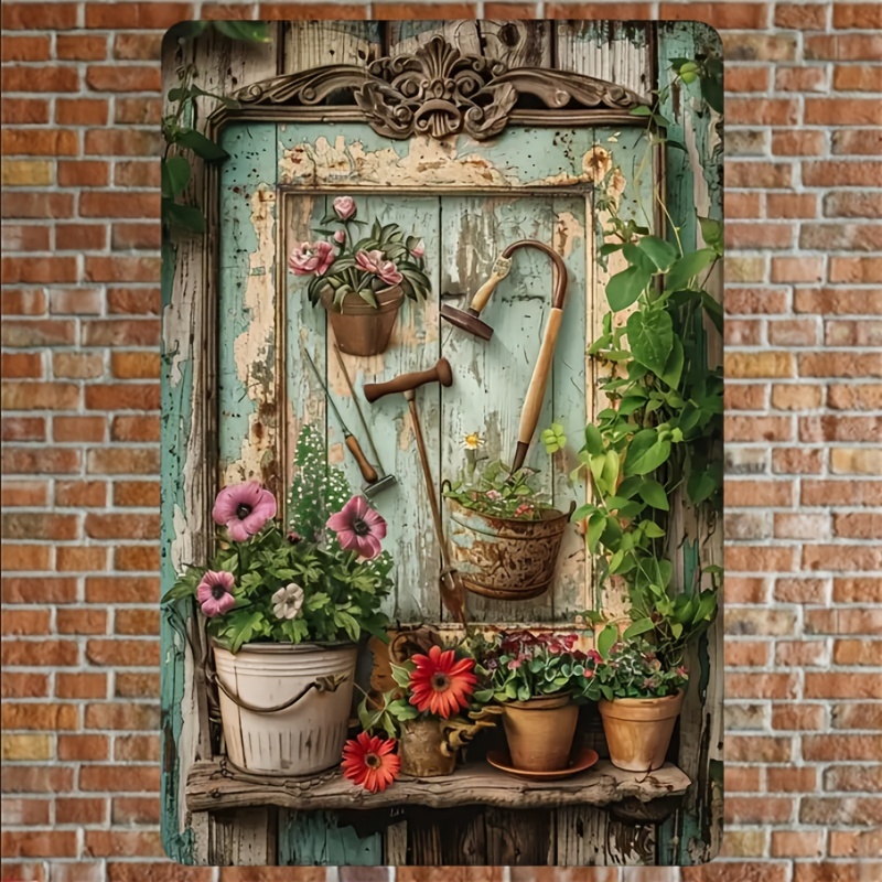 Home Office Library - Vintage floral metal tin signage, rural