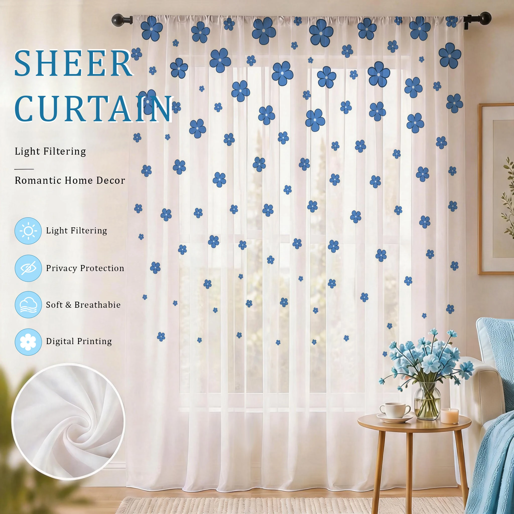 Home Office With Plants - Light blue Modern Gradient Sheer Curtain,