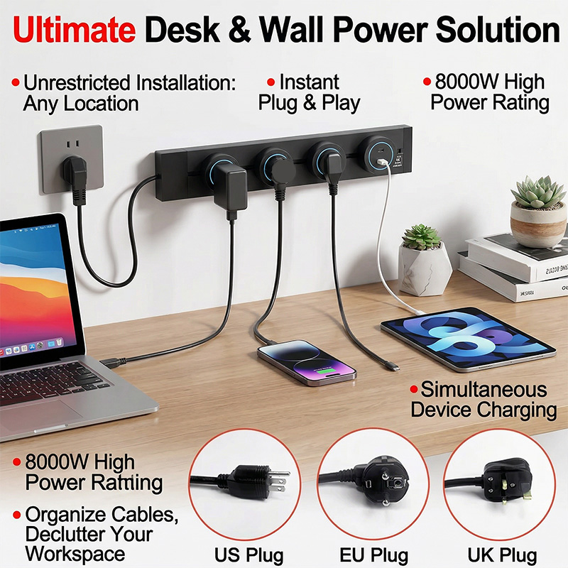 Power Strip Desk - Wall Mounted Power Track Socket US