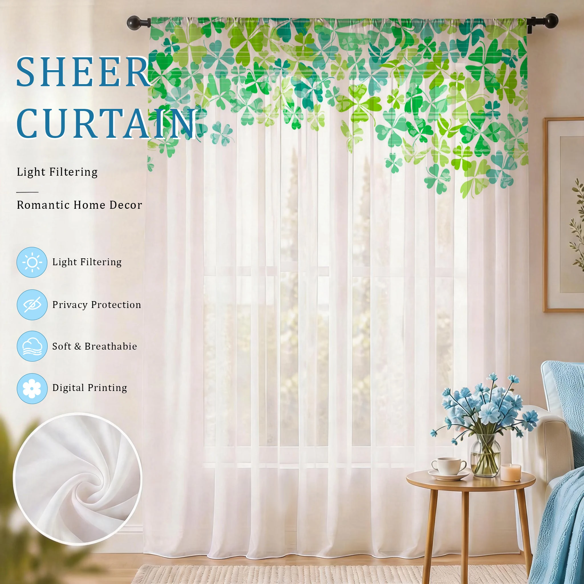 Home Office With Plants - Light blue Modern Gradient Sheer Curtain,