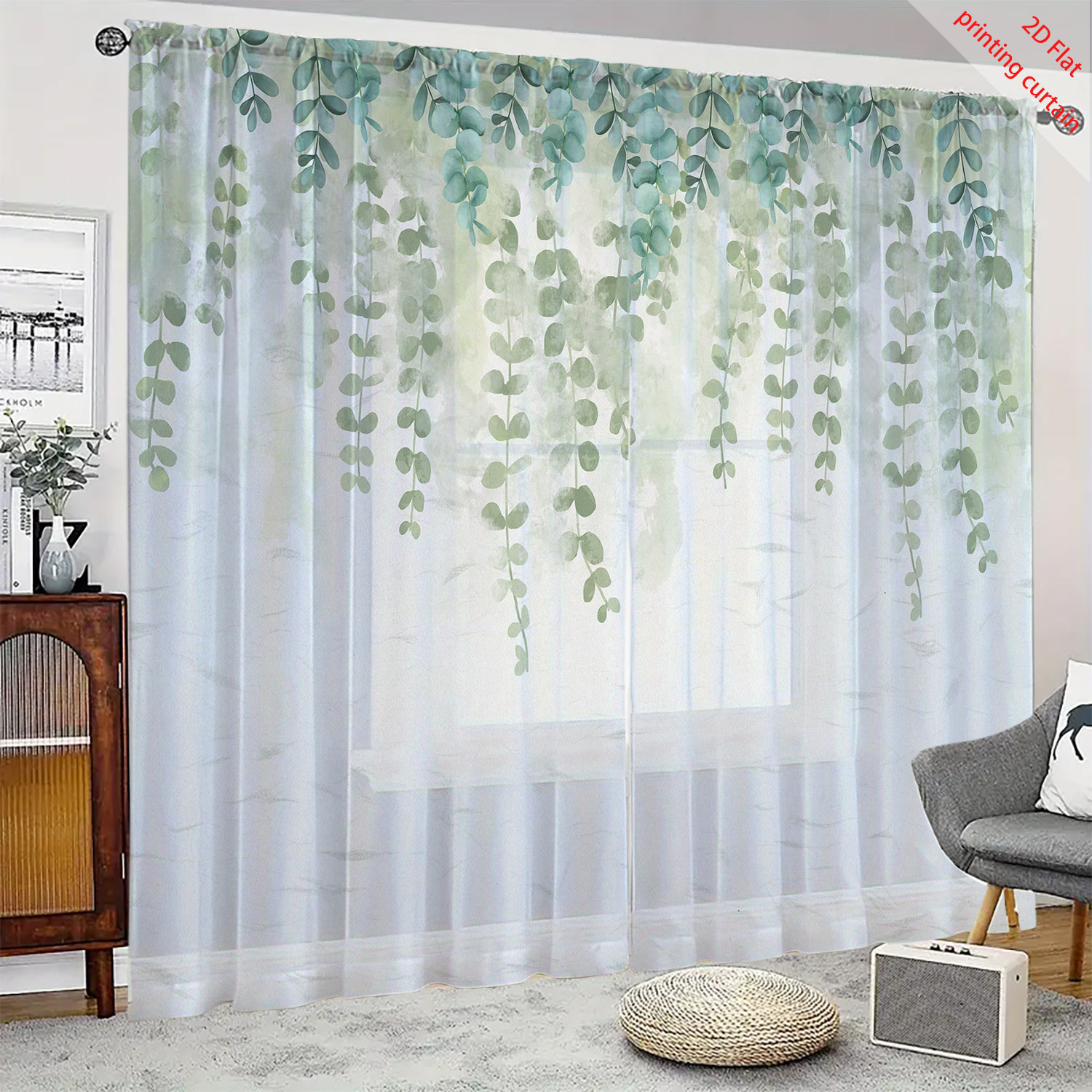 Printed transparent gauze curt - Home Office With Plants ulasan dan harga