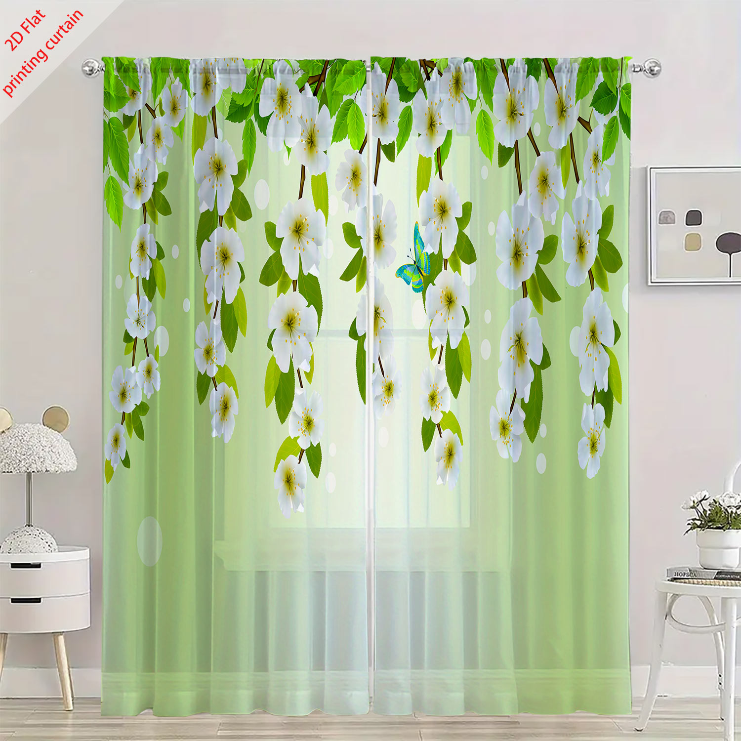 Printed transparent gauze curt - Home Office With Plants ulasan dan harga